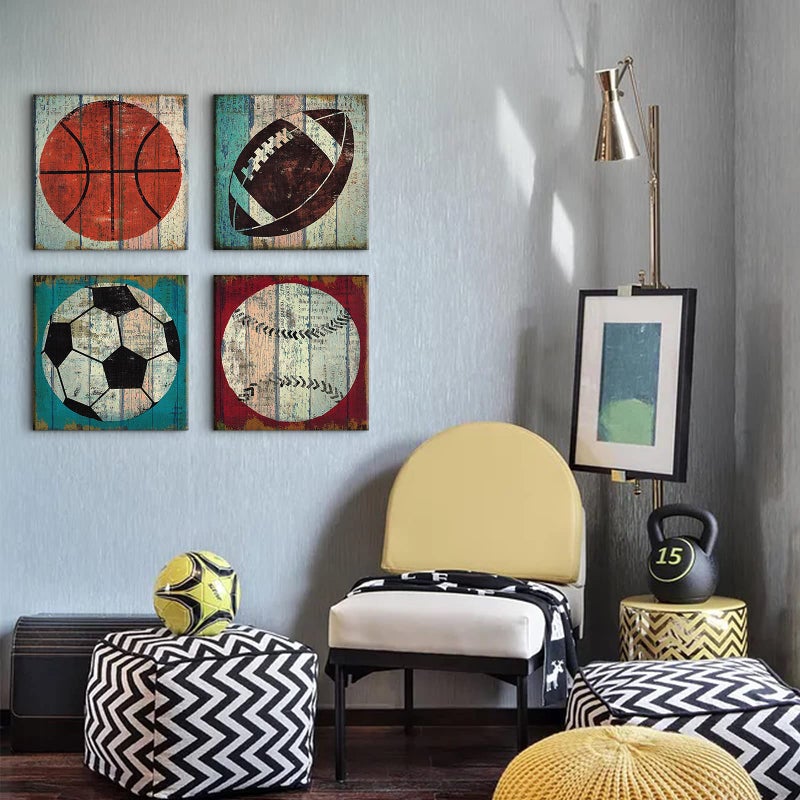 sunfrower Sports Wall Art Sports Decor for Boys Bedroom Toddler Decorations Rustic Soccer Baseball Basketball Football Pictures Kids Room Decor Vintage Ball Themed Paintings Posters Playroom Artwork 12x12" 4Pcs - Image 3